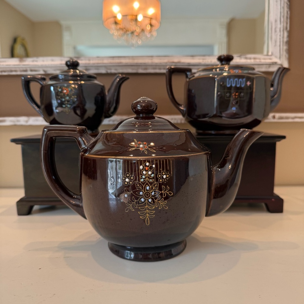 Vintage Japanese Brown Moriage Teapot Trio Raised Enamel Kutani Set 1940s-50s
